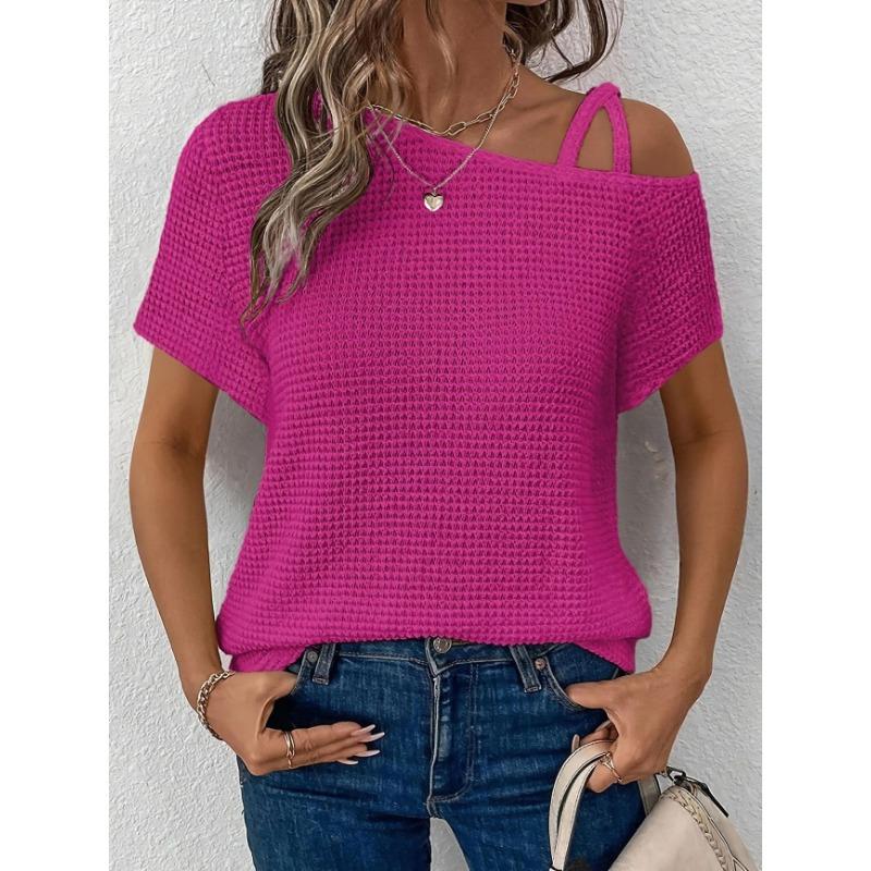 

JKASHDK Женские модные повседневные летние весенние блузки и рубашки однотонной расцветки с принтом, с коротким рукавом и косым воротником XL розы красного