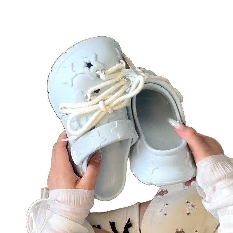 Summer new cute cartoon star lace-up hole shoes platform versatile non-slip beach bag head slippers