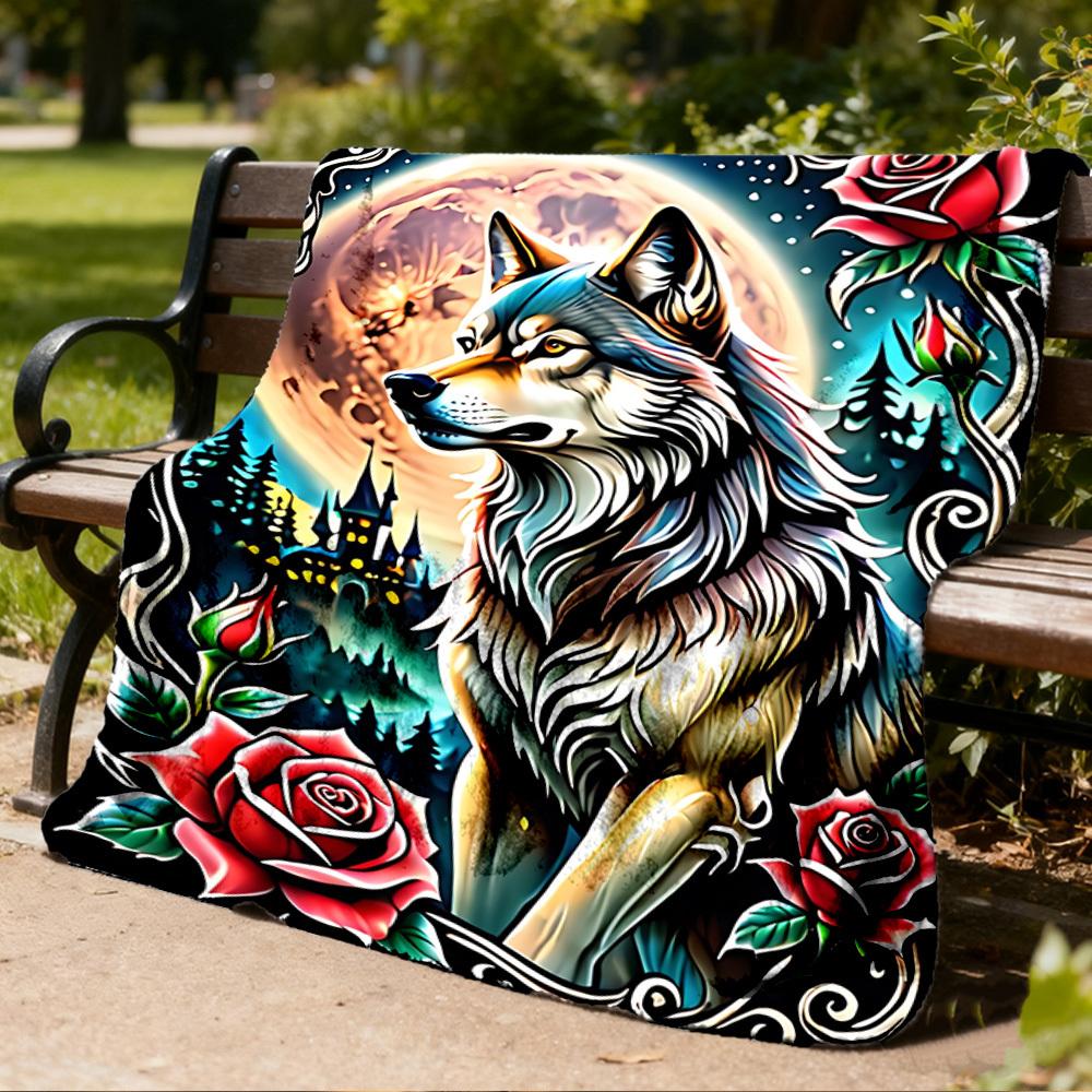1pc Wolf Roses Design Throw Blanket Polyester Fiber, Lightweight Flannel, Soft & Warm, All Season Use for Outdoor, Camping