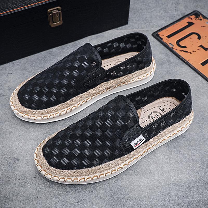

Мужские эспадрильи, летние осенние кроссовки, дышащая сетчатая обувь на плоской подошве, легкие мокасины без застежек, мужская модная повседневная обувь из клетчатой ткани 44 чёрный