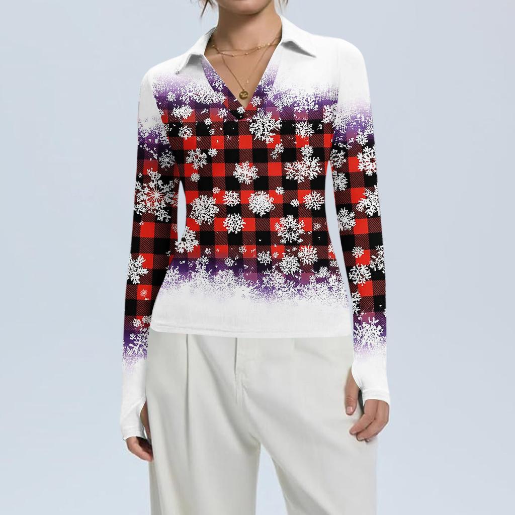 Damenmode Lässig Weihnachts-Print V-Ausschnitt Langarm Knopfleiste Oberteil