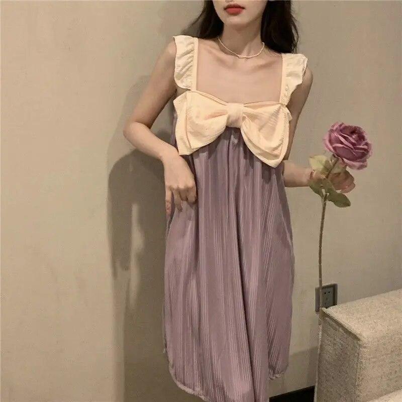 

Ночные рубашки женские с бантом в стиле пэчворк, милая принцесса Ulzzang, мешковатые летние рукава, летняя мода, мягкая домашняя нежная одежда, шикарная студенческая одежда XXL фиолетовый