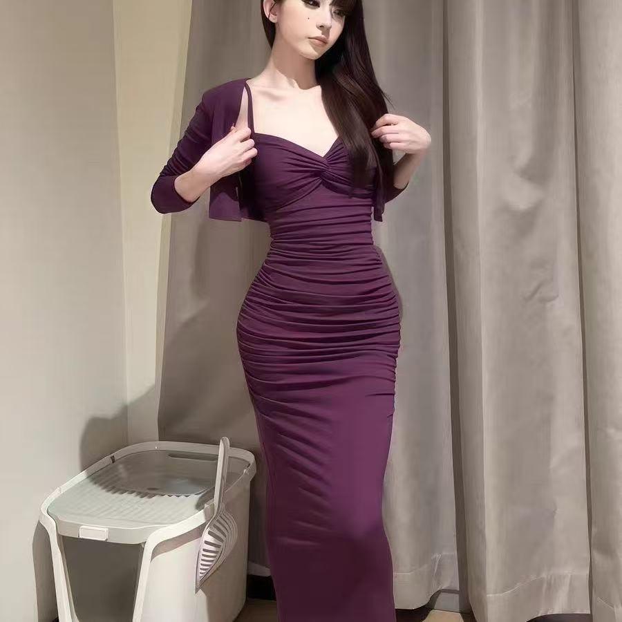 Cardigan & Camisole Dress: Sexy Two-Piece Set with Short Jacket and Hip-Hugging Long Skirt