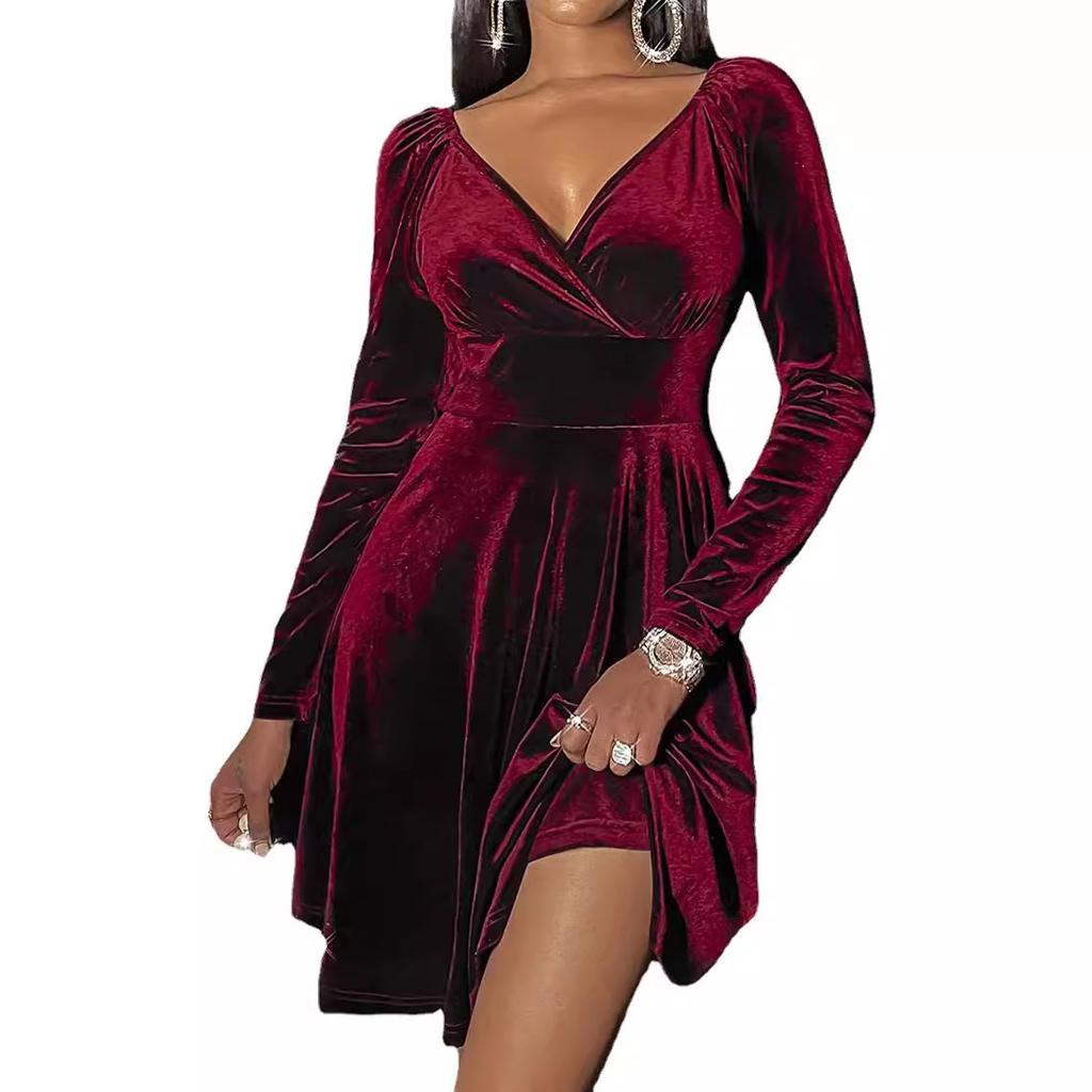 Autumn Winter New Women's Christmas Dress V-Neck Velvet Long Sleeve Sexy Waist-Defined Mini Dress Velvet Skirt Holiday Dress
