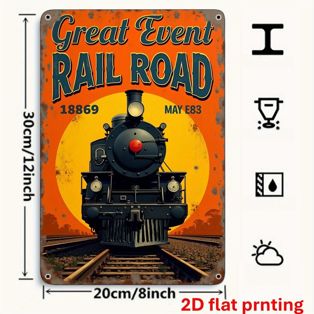 2D Flat Vintage Railroad Metal Sign - Retro Train Sunset Aluminum Wall Art, Home Bar Garage Outdoor Decor for Enthusiasts