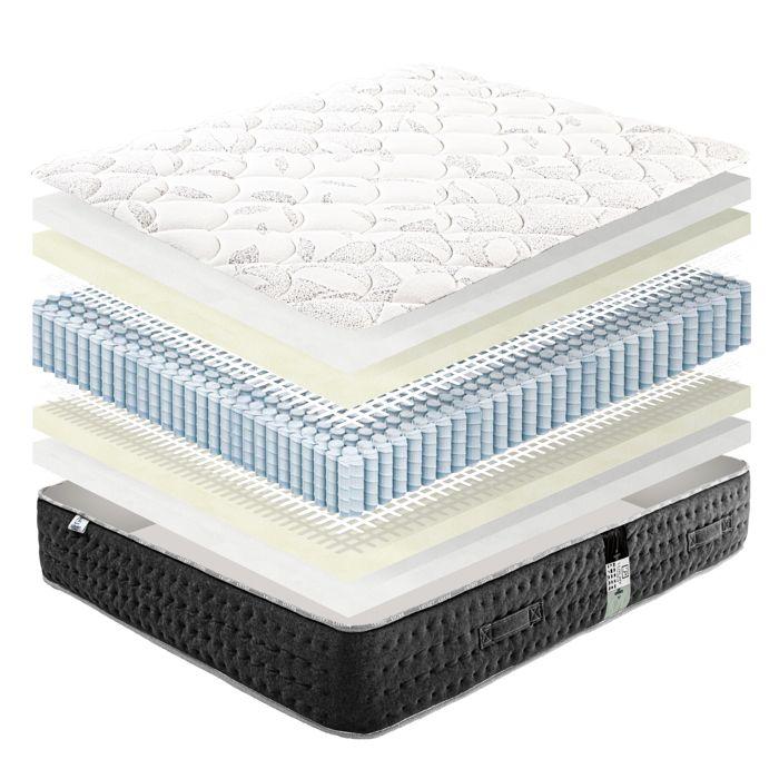 Ensemble Matelas 140x190 cm, Sérénité, 27 cm, ressorts ensachés, ferme, face été/hiver + sommier gris ep20cm + 2 oreillers + couette