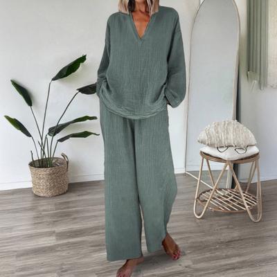 Conjunto suelto de 2 piezas para mujer Top de manga larga con cuello en V Pantalones de pierna ancha