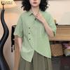 Women Casual Turn Down Collar Loose Short Sleeve Stripe Blouse