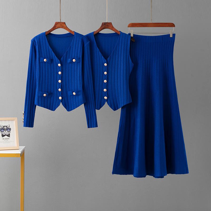 

Женский вязаный кардиган и юбка миди, комплект из двух предметов – повседневный модный наряд в рубчик One Size синий