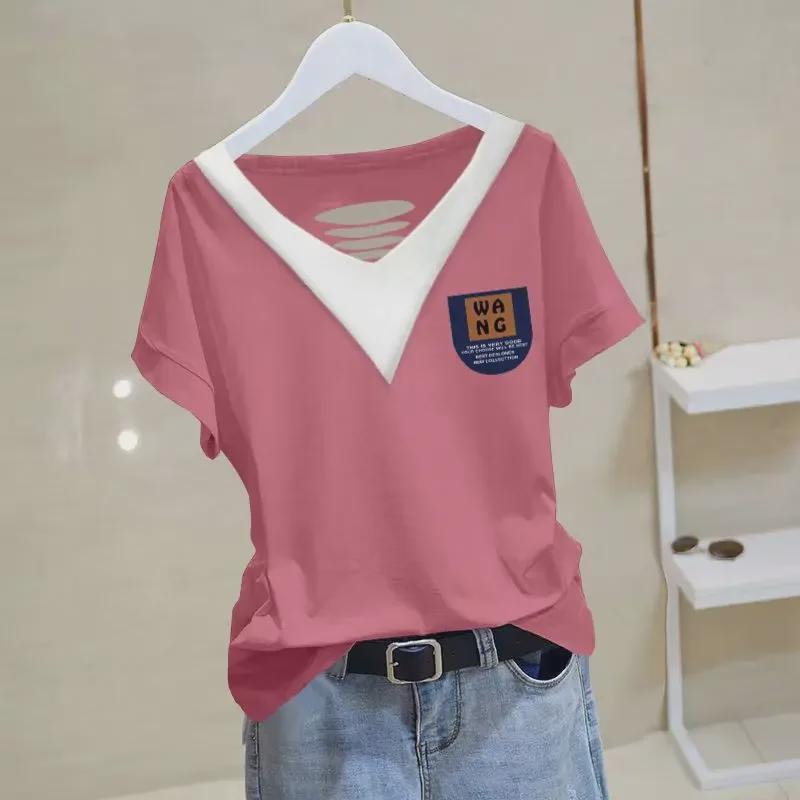 Women's 2024 Summer Cotton V-neck Short-Sleeve Top - Versatile, Loose, Slimming, Plus Size, Chic Korean Style T-shirt