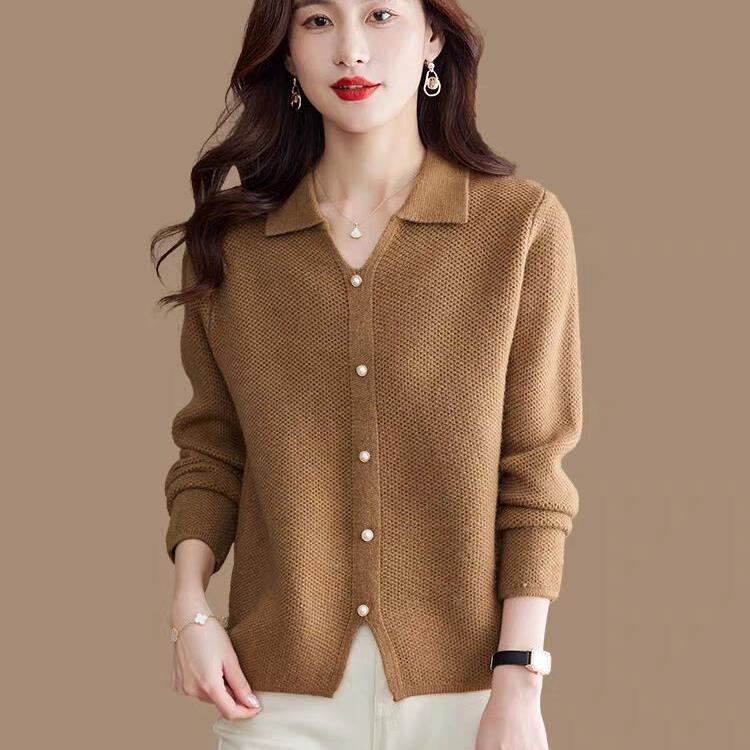 Women Autumn Winter Loose Lapel Sweater Pullover Knitted Base Top for Women