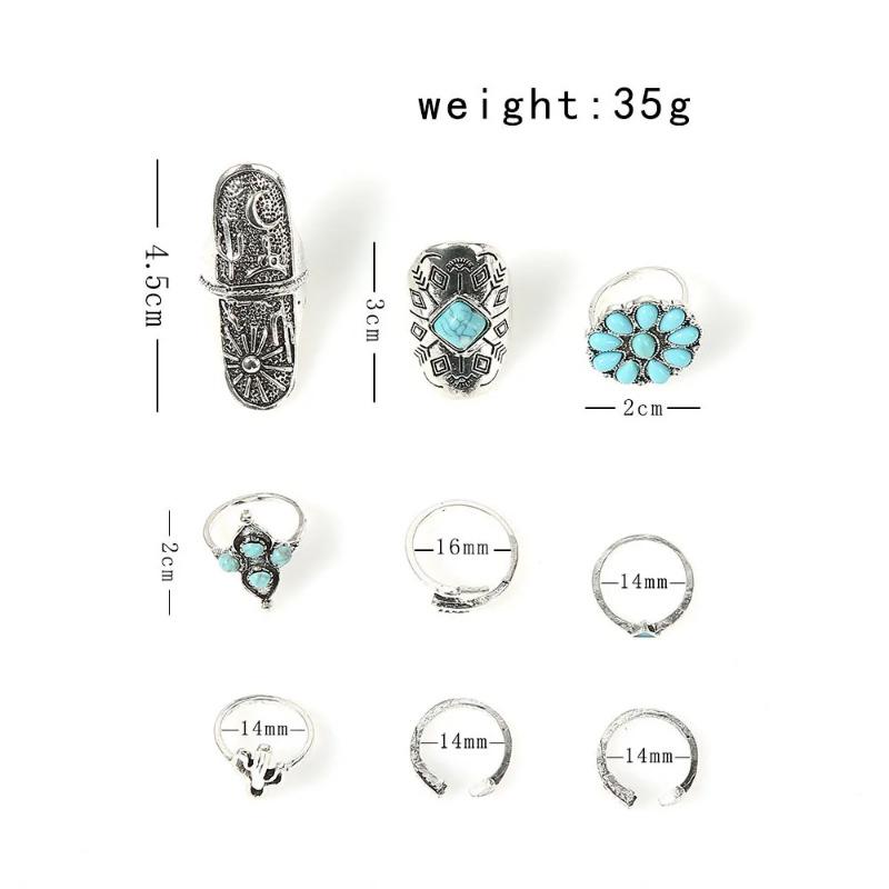 Retro Cactus Turquoise Ring Set 9pcs Faion Jewelry Accories Alloy Embedded Artificial Gemstone New Condition