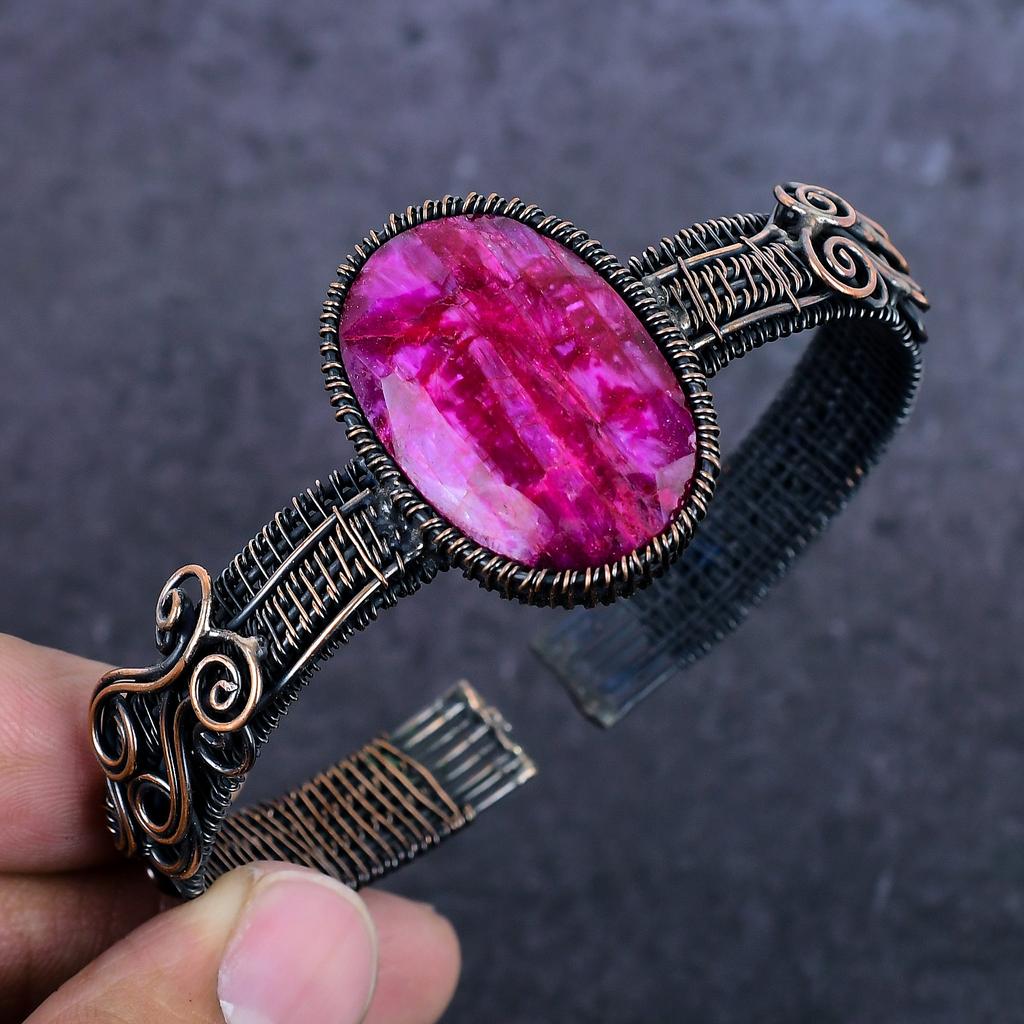 Red Jade Gemstone Handmade Copper Wire Wrap Cuff Bangle Adjustable ET-4975