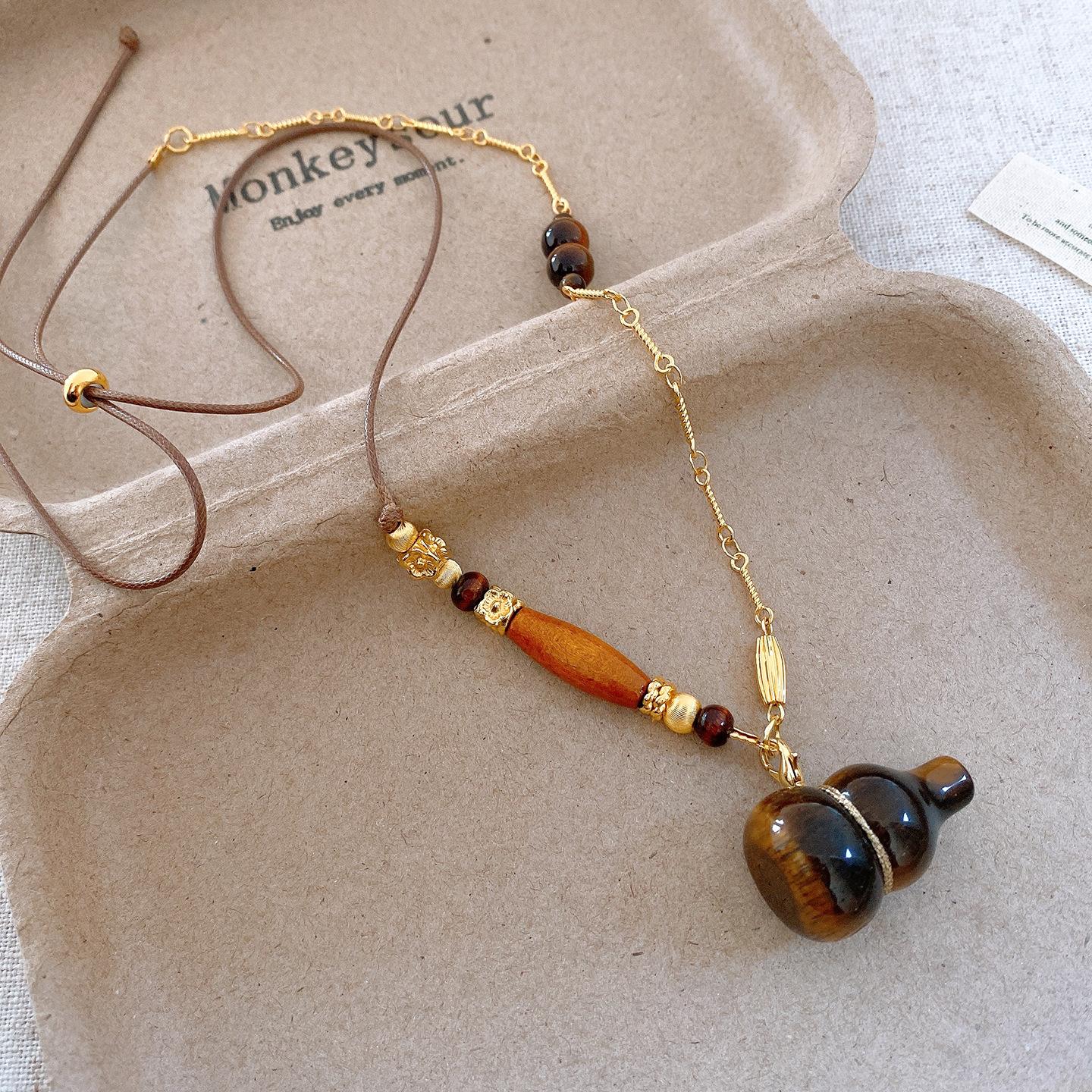 Vintage wood beads beaded tiger s eye stone gourd necklace accessories women s sweater chain item