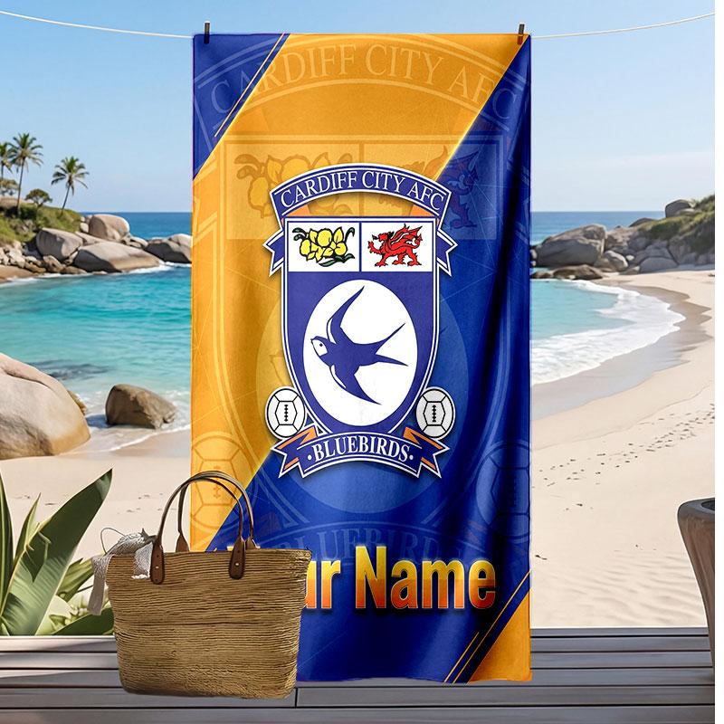 Cardiff City Personalized Printed Beach Towel Soccer Logo Support Custom Name Text Absorbent Towel For Sport Travel Special Gift