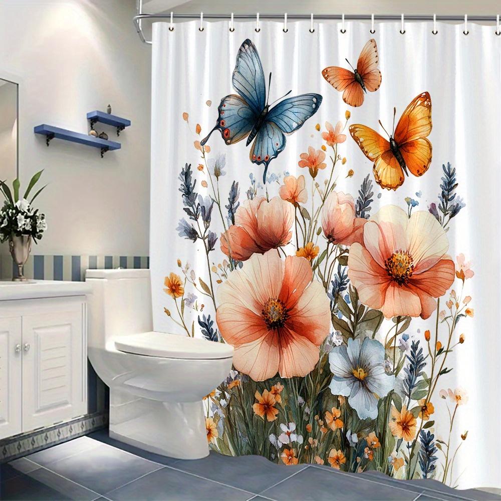 1 Piece Butterfly Floral Shower Curtain, Machine Washable, Polyester Fabric, Suitable for Bathroom Hotel Decoration