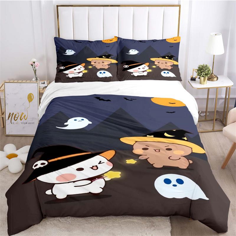 Bear and Bunny on Crescent Moon Print Bedding Set, Night Sky Starry Bed Linen(1 * duvet cover + 2 * pillowcase, without core)