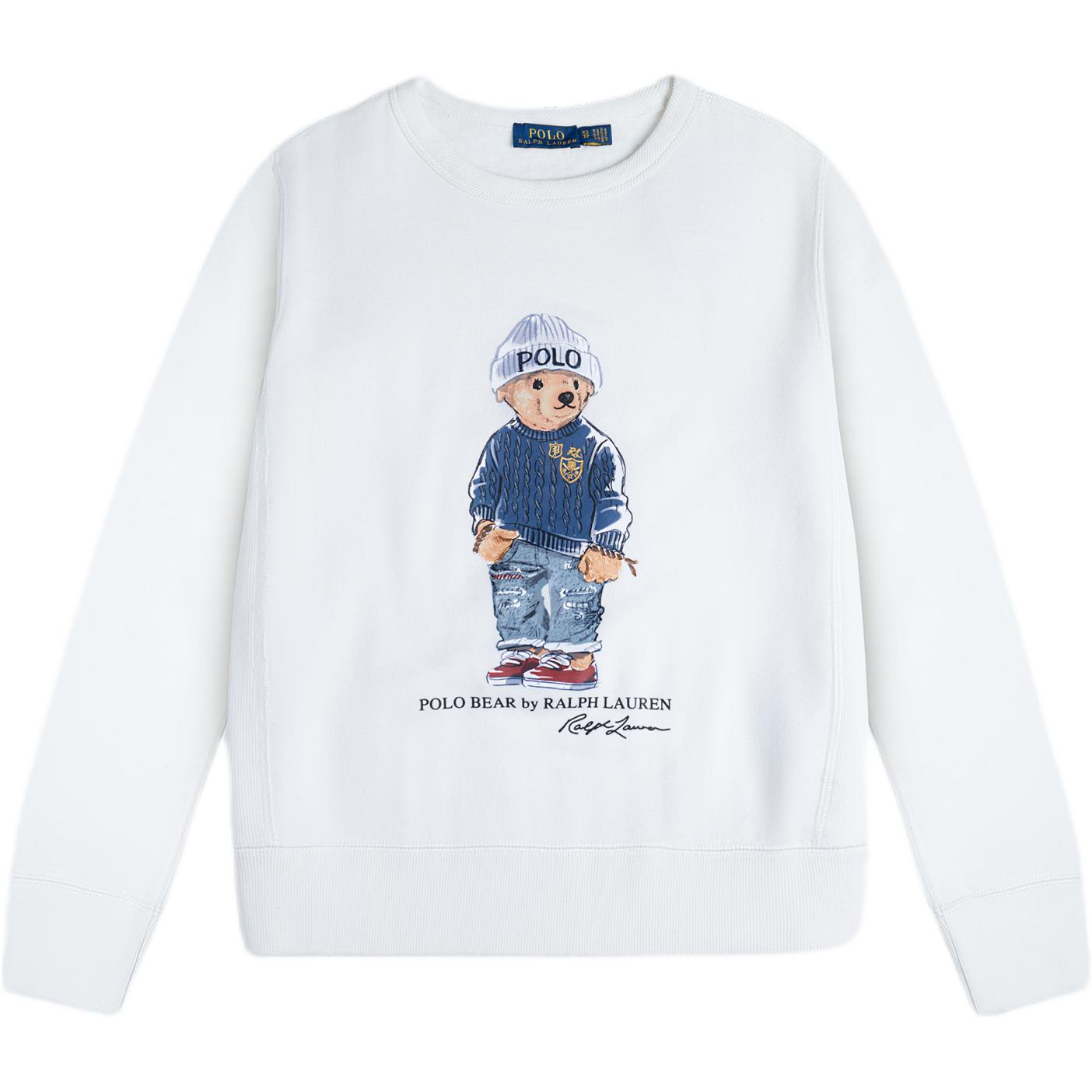 Ralph Lauren Crew Neck Bear Pattern Fleece Sweatshirt Women White 211769528-001 XS
