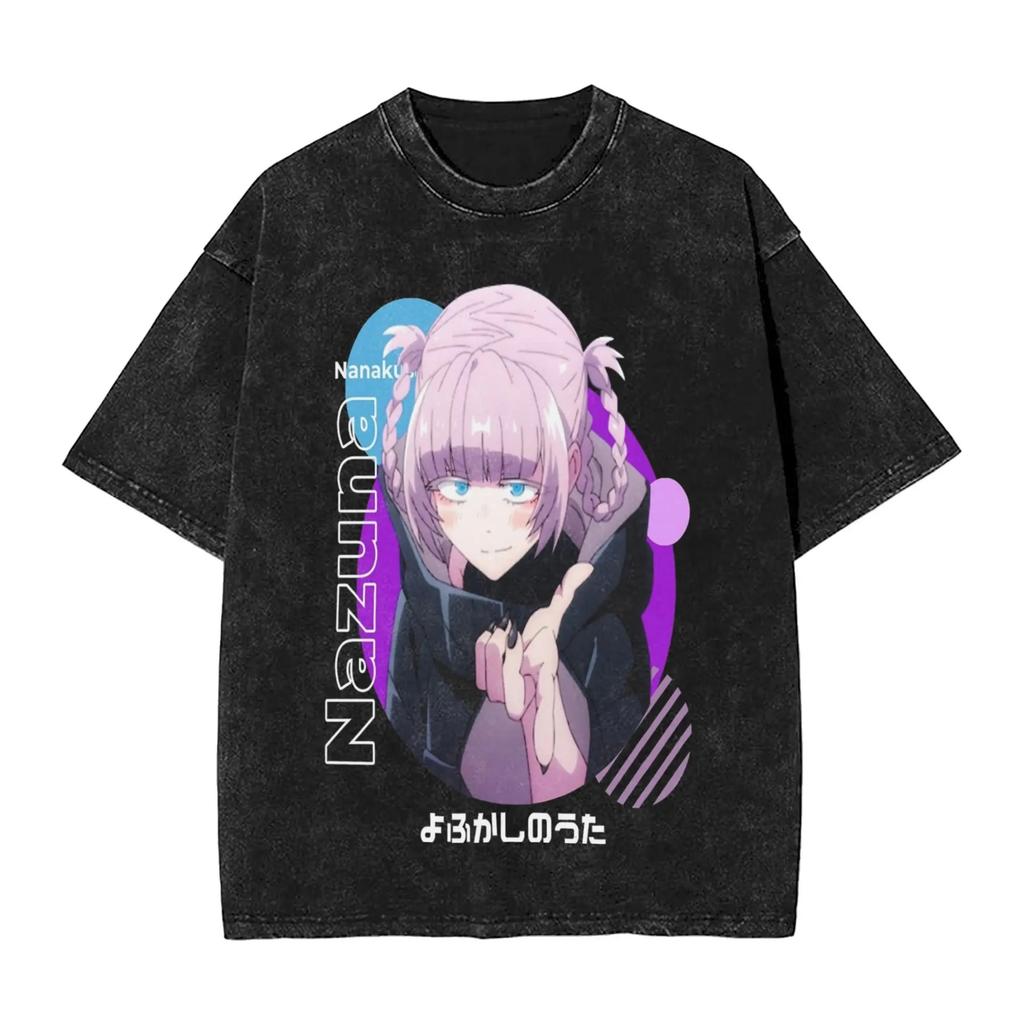 Hot Sale Call of The Night Nazuna Graphic Print Retro Washed TShirts Mens Women Crewneck Cotton Tees Streetwear Oversized Tops