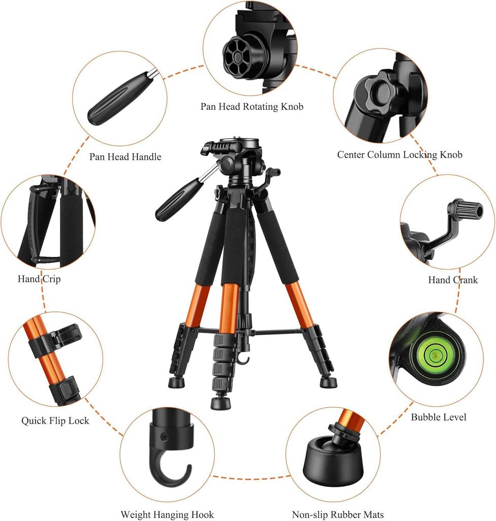 190cm Camera Tripod Smartphone Tripod Head Rotatable Remote Control Storage Bag Pan Handle Quick Shoe Compatible 3-Way 360° SLR/Video