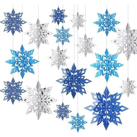 Christmas decoration set snowflake ornament 3D hanging 18-piece garland party goods wall cute interior snow crystal silverbluelight blue