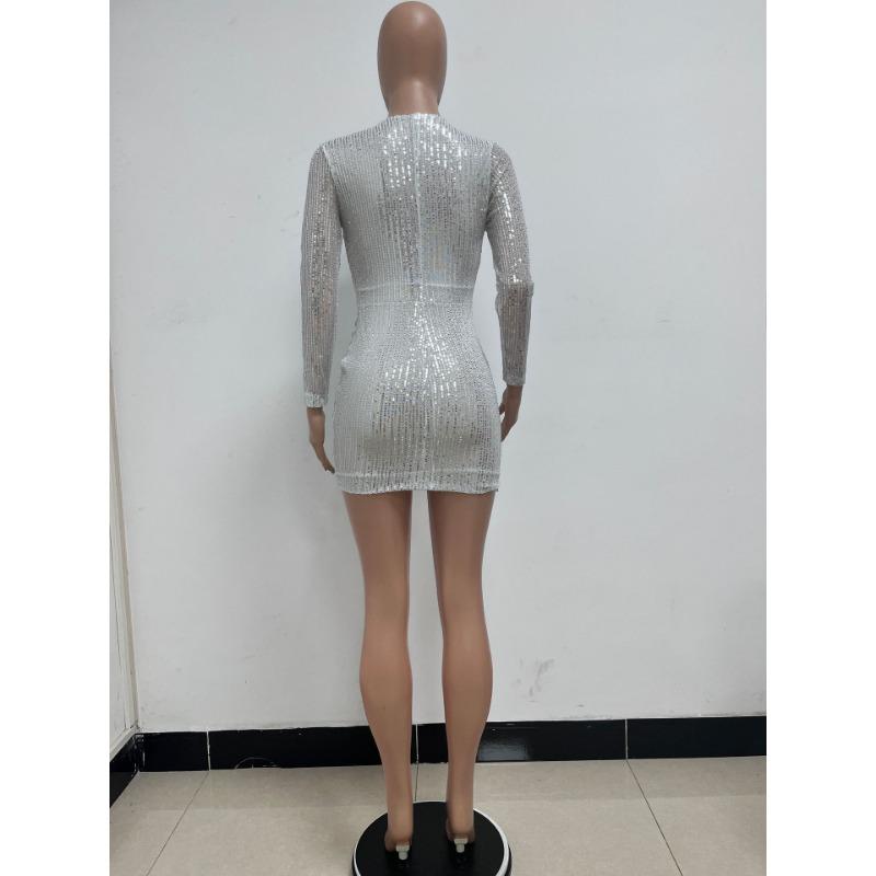 Sommer Damenkleid Französischer V-Ausschnitt Langärmeliges Kleid Rüschen Hüfte Paillettenkleid