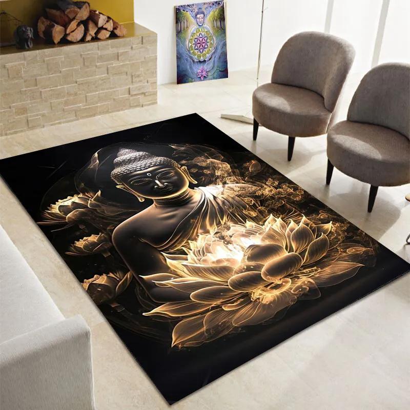 Buddha Teppich, Buddhismus Bereichsteppiche für Schlafzimmer Wohnzimmer Eingangsbereich, Buddha Statue Muster Meditation Bodenmatte Rutschfester Yoga Teppich
