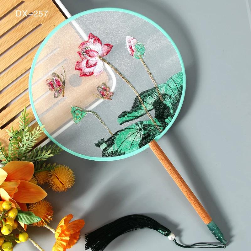 Antique Embroidery Circular Fan Chinese Style Cheongsam Fan Women's Double-Sided Embroidered Transparent round Long Handle Ancient Chinese Clothing