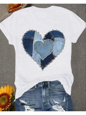Women'S Casual T-Shirt - Heart-Shaped Denim Patch Design Short Sleeve Round Neck Machine Washable - Perfect for All Seasons