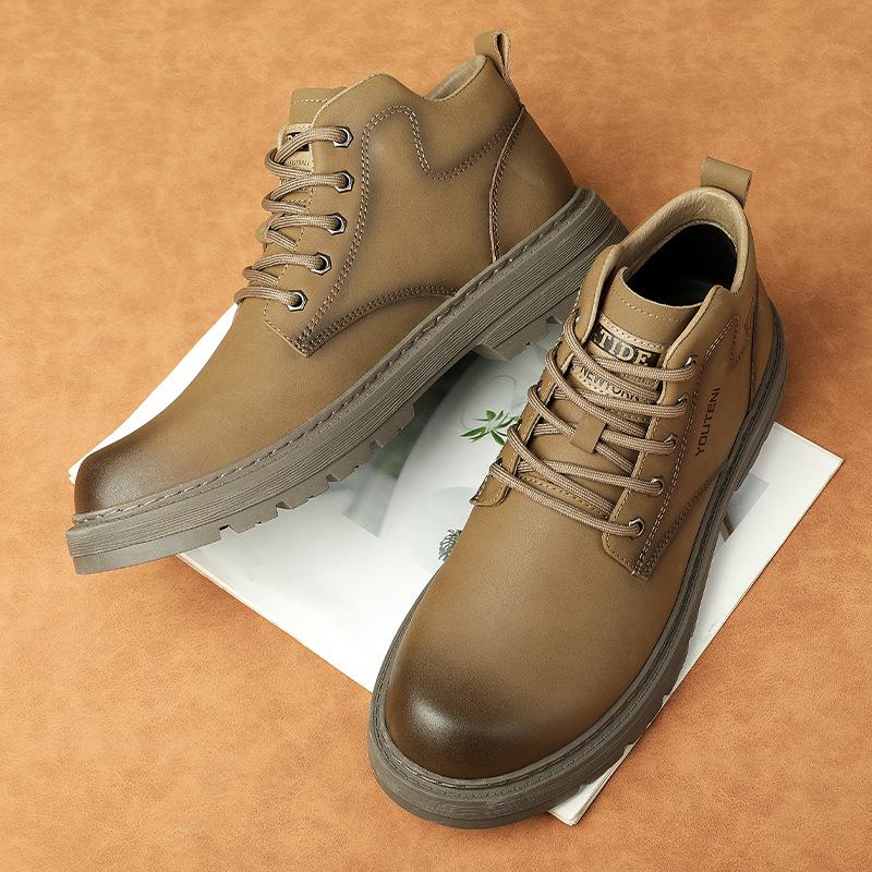Men's High-Top Leather Martin Boots, 2024 Autumn/Winter, Plus Velvet, Warm Mid-Top Work Boots