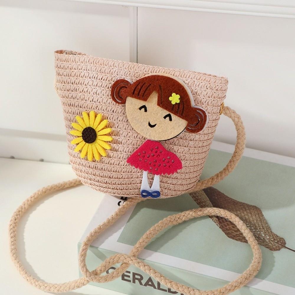 Creative Handmade Woven Straw Shoulder Bags Cute Lightweight Crossbody Bag Flower Beach Bag for Children