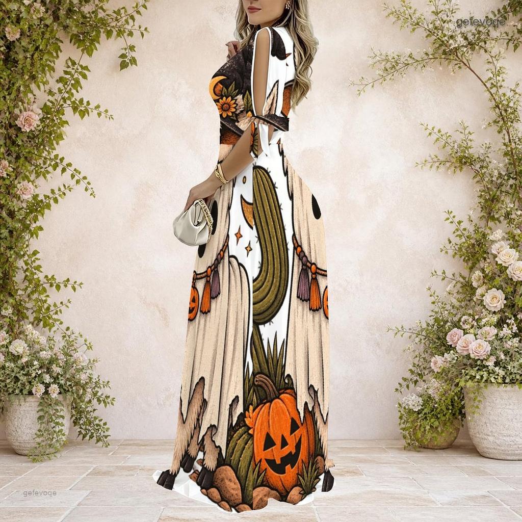 Women Plus Size V Neck Cold Shoulder Short Sleeve Halloween Llama Printed A Line Long Dress