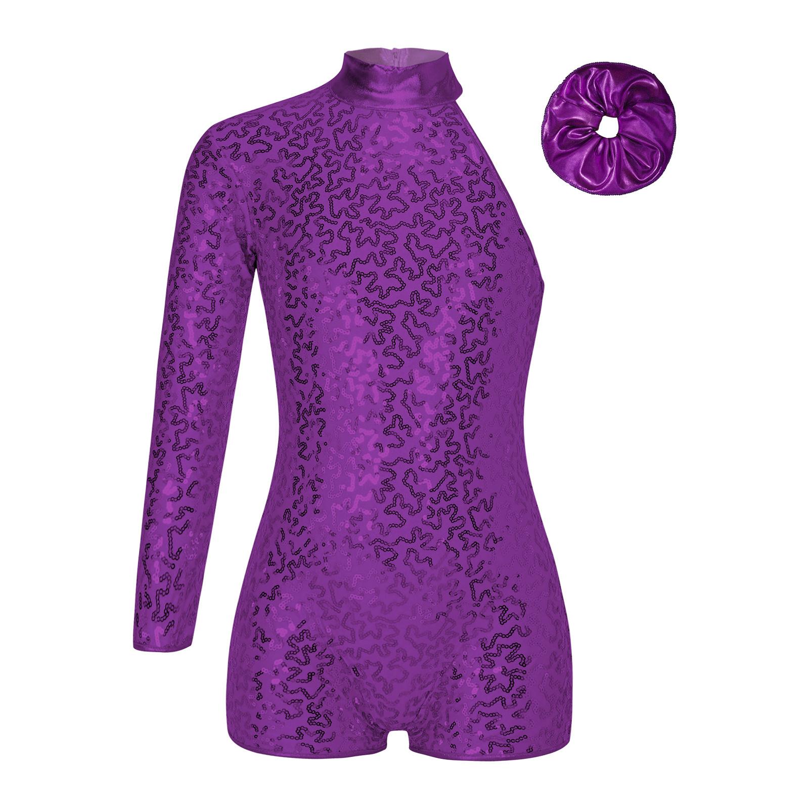 

Girls Jazz Dance Leotard One Shoulder Long Sleeve Shiny Sequins Invisible Zipper Back Metallic Hair Band 5-6 Years фіолетовий