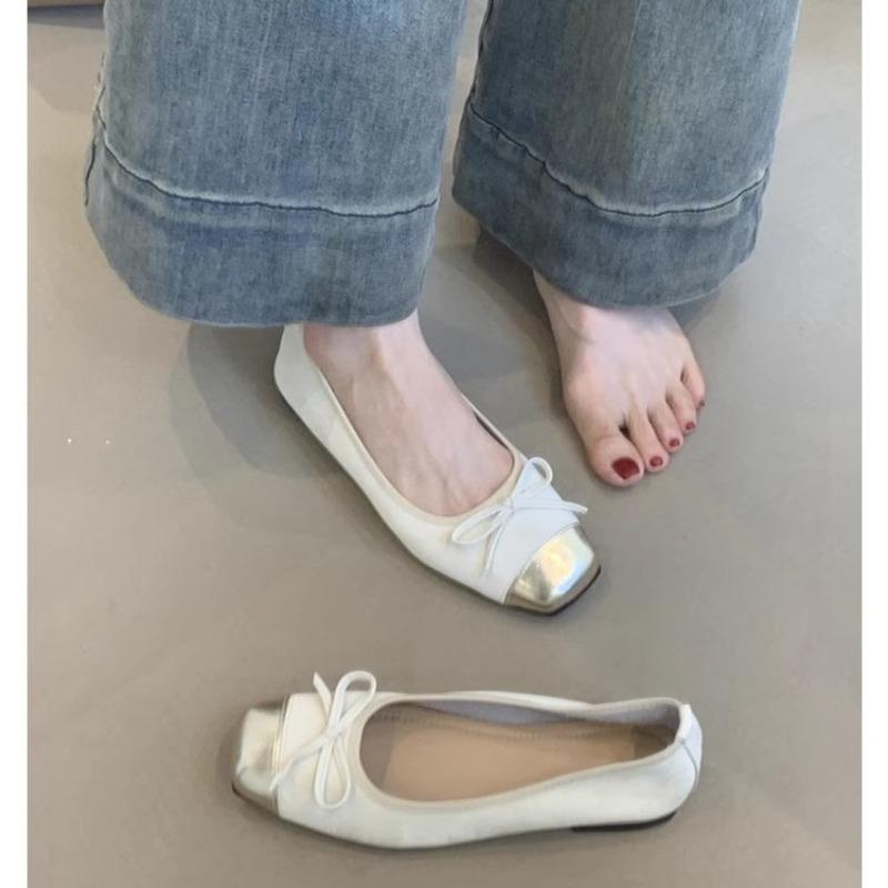 Fashion Bow Light Mouth Ballet Single Shoes Women's New Soft Leather Square Head Flats