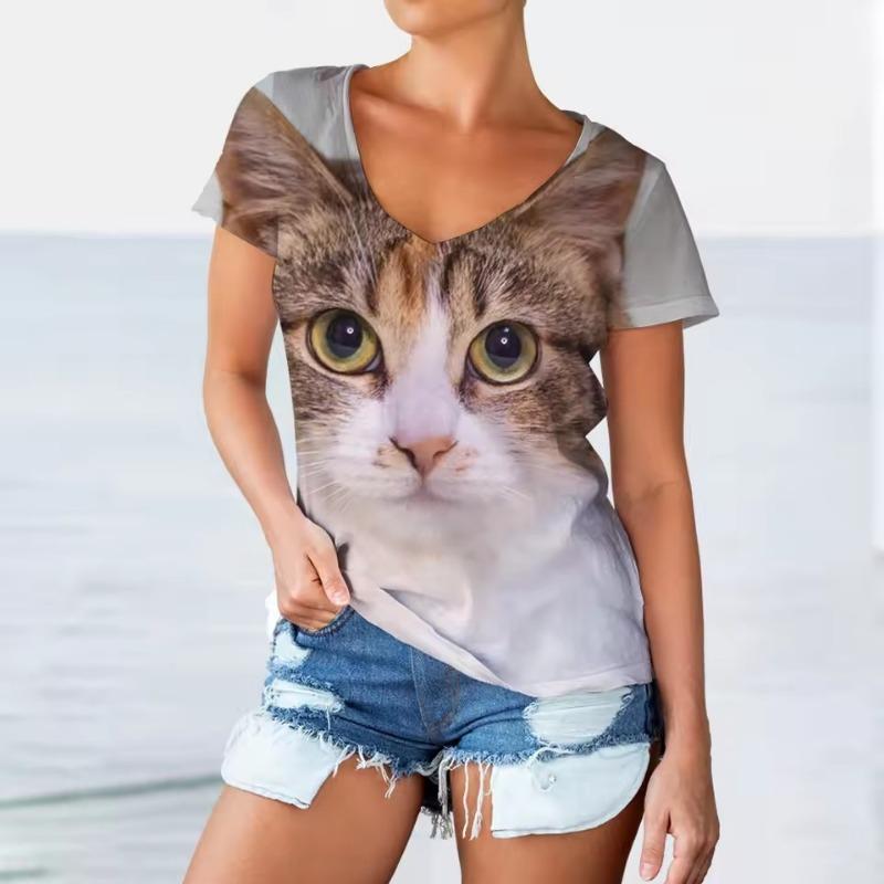 Women V-neck Short Sleeve Casual Fashion Kawaii Graphics T-shirt Oversized Female Girls Clothes 3D Funny Cats Print T Shirts