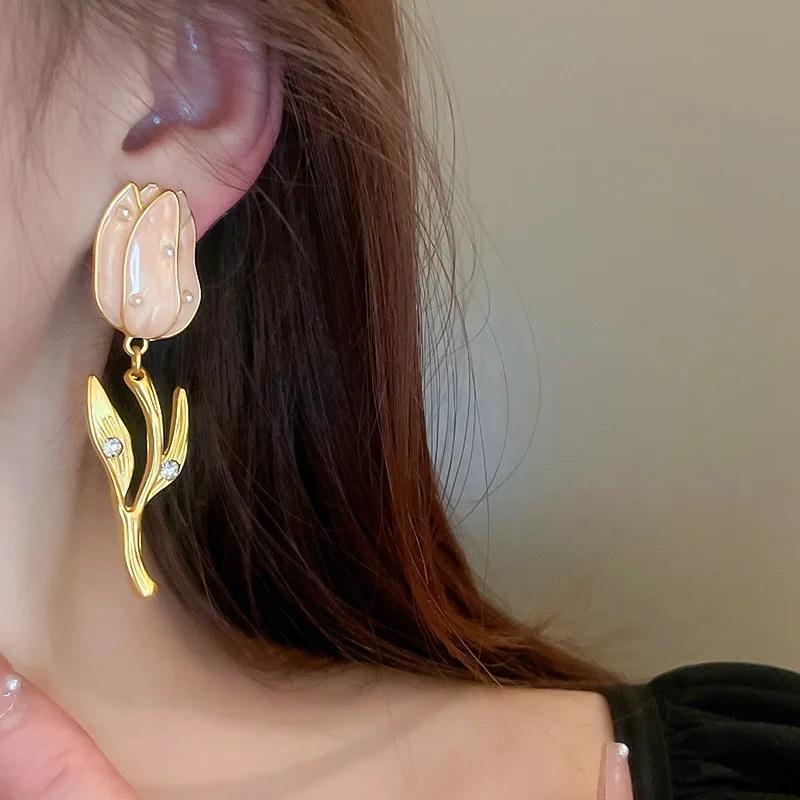 Gold Plated Enamel Tulip Long Dangle Earrings With Rhinestones Alloy Pendant Jewelry For Women Party
