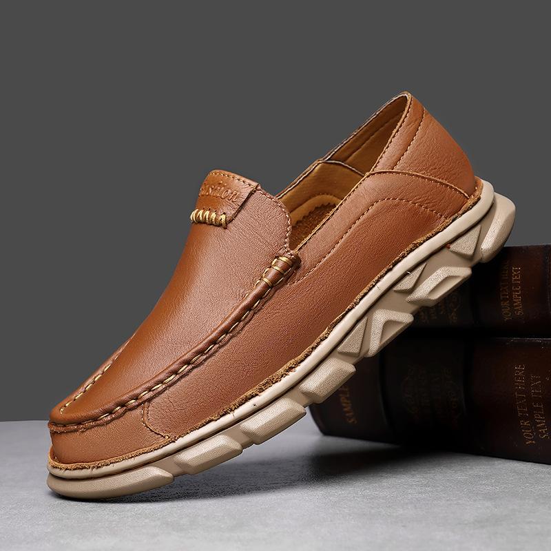 New Men Genuine Leather Casual Shoes Comfortable Flat Shoes Thick-soled Slip-on Loafers Big Size