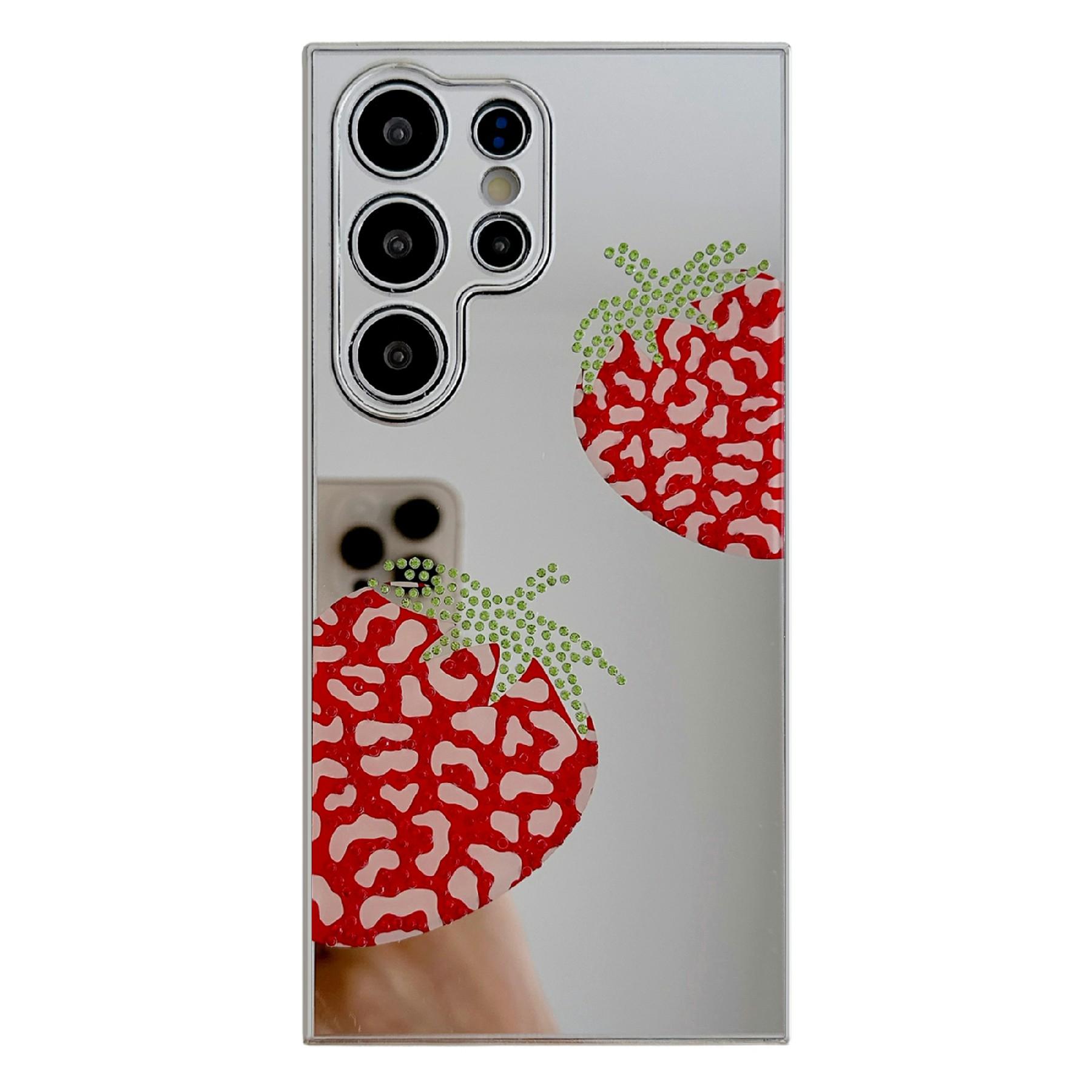 

For Samsung Galaxy S25 Ultra Case IMD Silver Finish TPU+PC Rhinestones Decor Phone Cover Strawberry