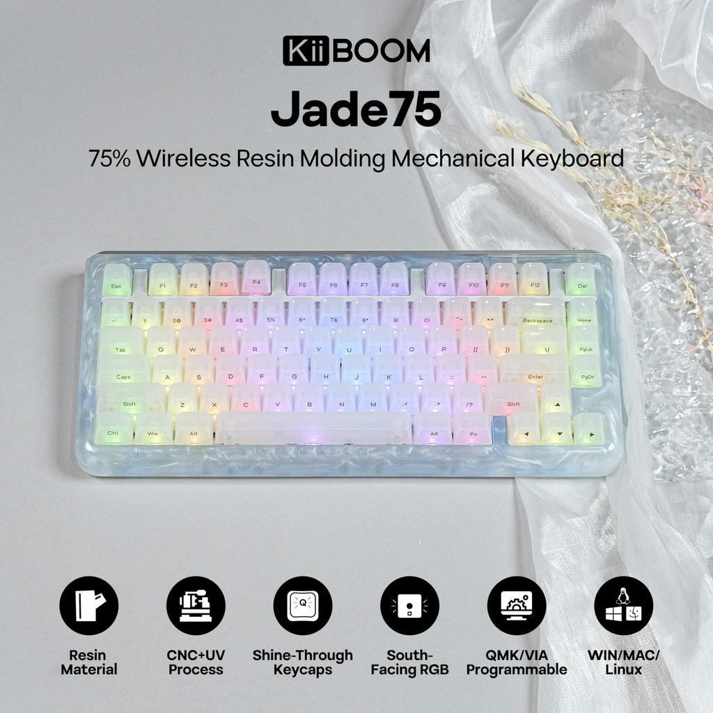 KiiBOOM Jade75 Resin Molded Wireless Mechanical Keyboard with RGB Wireless Gaming Compatible 75% CNC+UV Backlight, BT5.0/USB-C/2.4GHz Keyboard,