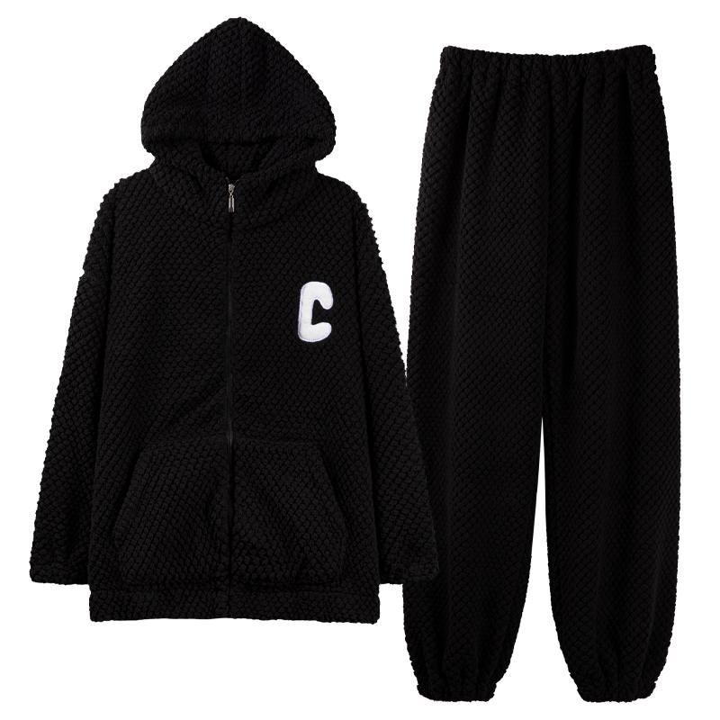 Men's Coral Fleece Lined Hooded Thickened Sleepwear Cardigan Home Clothes Sports Set Winter Warm Cozy Flannel Pajamas Suit