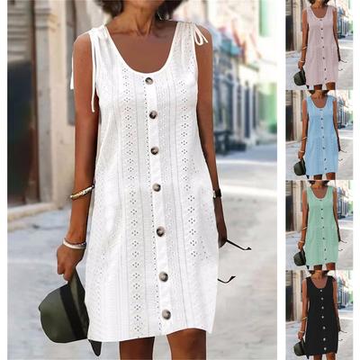 Kleider für Damen Vintage Elegant U-Ausschnitt Knopf Langkleid Sommer Lässig Ärmellos Aushöhlung Midi-Kleid