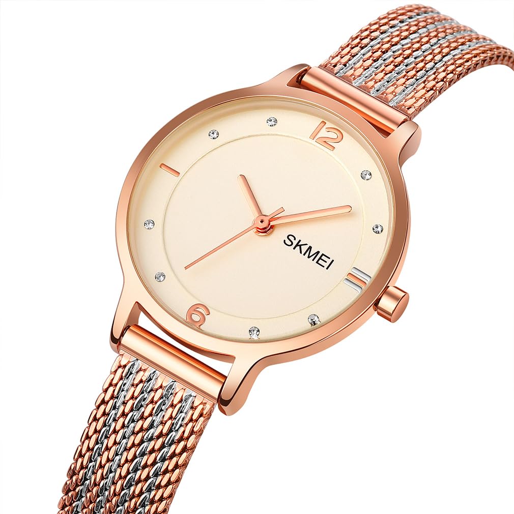 SKMEI Quartz Mesh Stainless Rose Watch Women's Wristwatch, Simple, Ultra-Thin Movement, Stylish, Waterproof, Business, Strap, Steel, White, Gold,