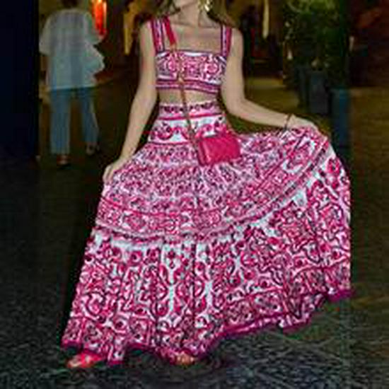 Spring 2026 European American Women's Fashion: Printed Long Sleeve Pleated Mini Skirt Backless Dress