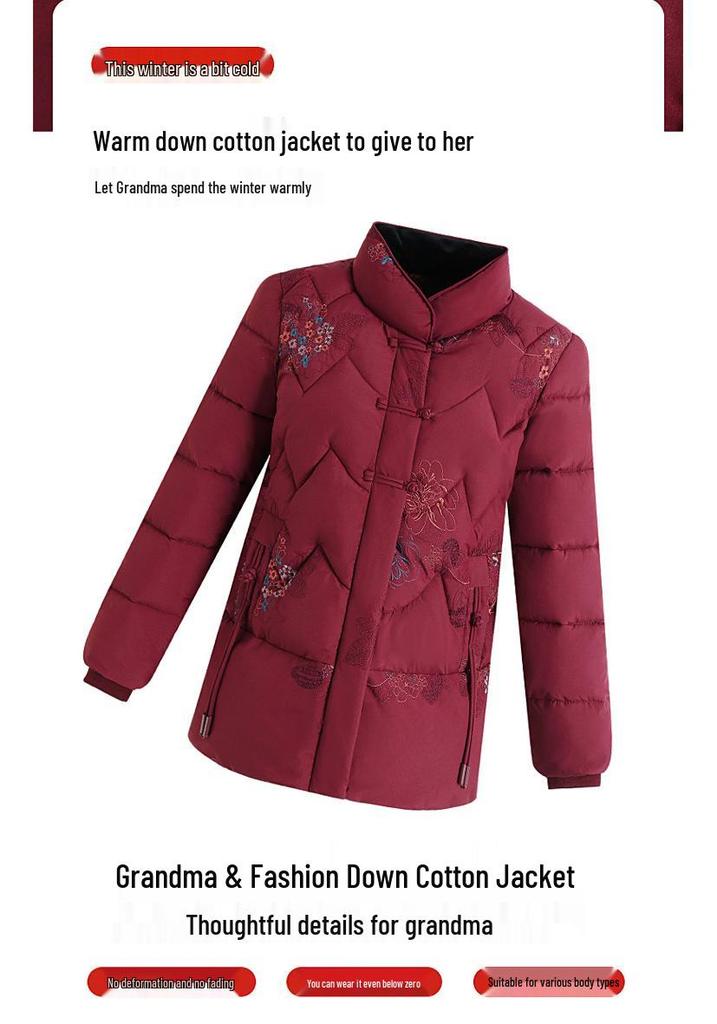 Winter Warm Cotton Coat for Middle-Aged and Elderly Women - Mid-Length Grandma Style Jacket