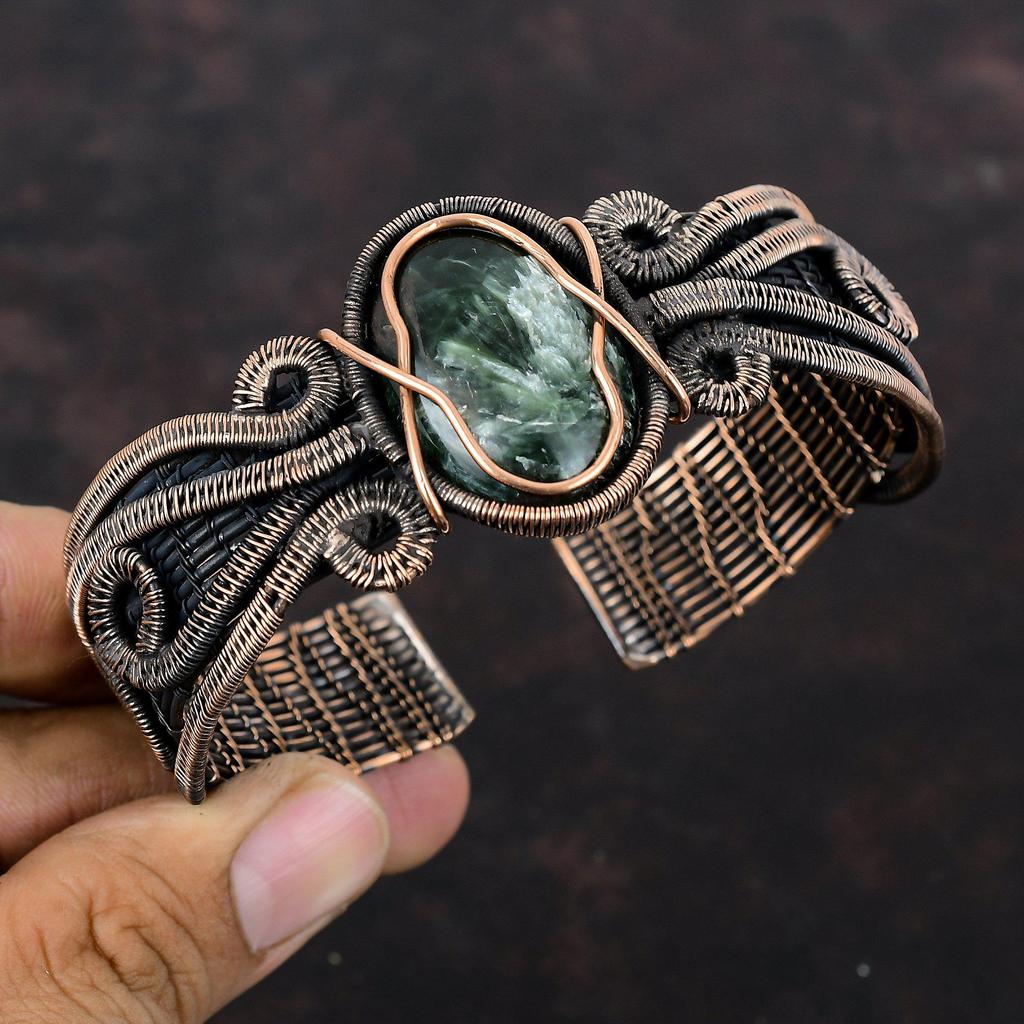 Seraphinite Cuff Bracelet Copper Wire Wrapped Bangle Beautiful Gemstone Jewelry Handmade Copper Cuff Bracelet Gift For Her Adjustable Bangle