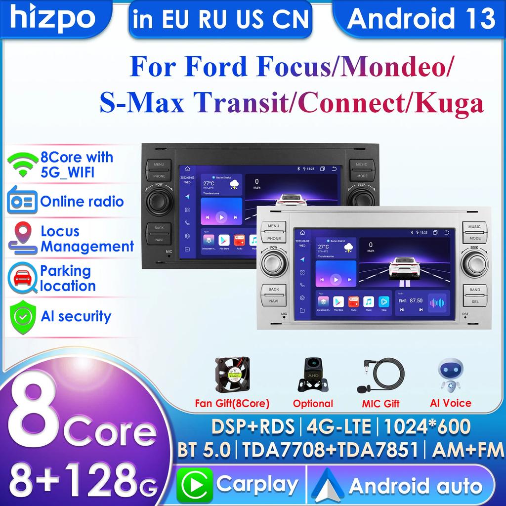 Hizpo Intelligens 2Din 7 hüvelykes Android Auto Autórádió Ford Focus 2 Mondeo S/C Max Kuga Fiesta Fusion GPS Navigáció RDS FM DSP UI7862 CarPlay