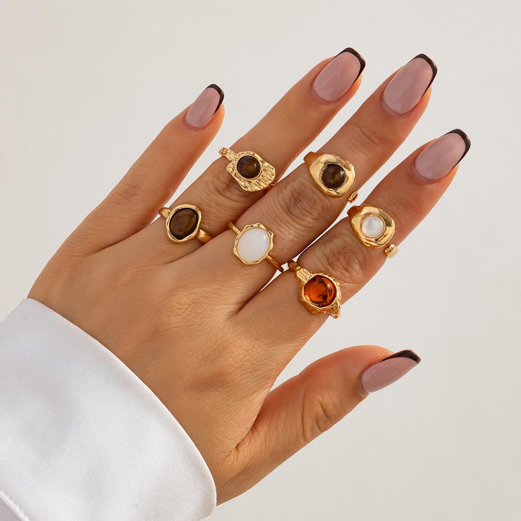 6Pcs Punk Exaggerated Metal Finger Rings Set for Women Men Vintage Flower Pearl Crystal Europe America Open Rings Luxury Jewelry