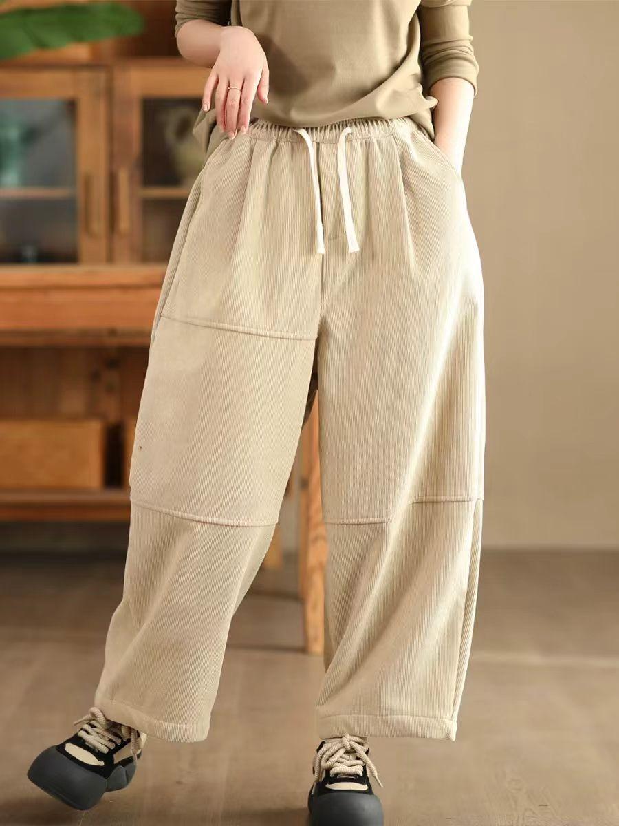 

Johnature Женские зимние винтажные однотонные хлопковые шаровары с эластичной талией в китайском стиле повседневные брюки One Size хаки