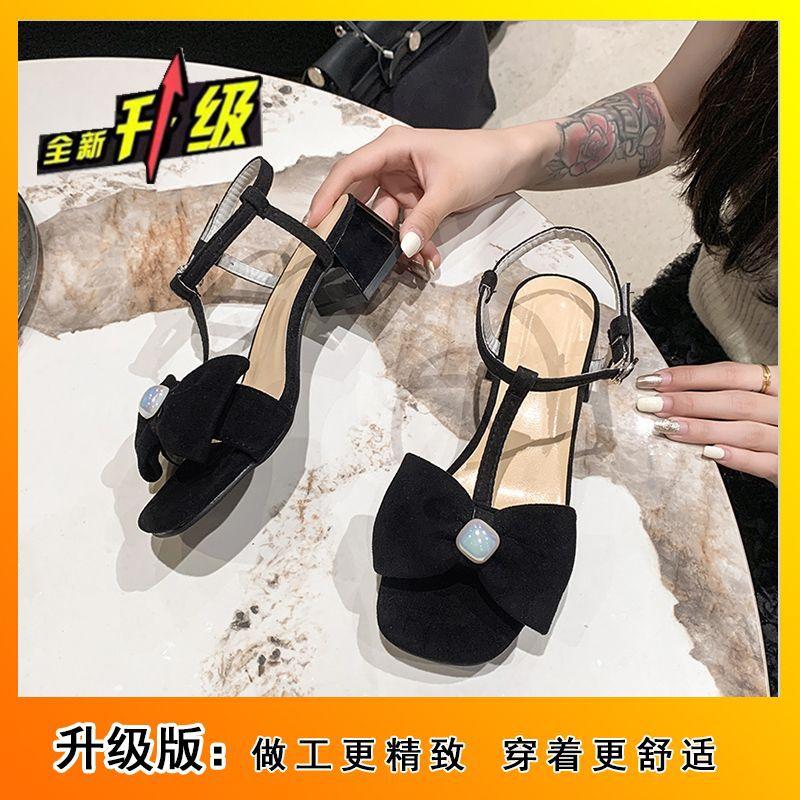 

2025 summer Roman sandals new, women s bow thick heel with square head high heel temperament commuter model 35