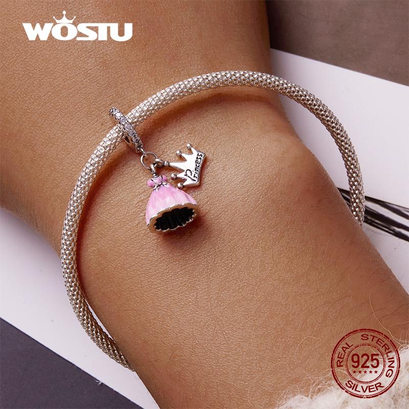 WOSTU 925 Silver Pink Dress Crown Princess Charm Bead Pendant Fit Original Bracelet Necklace For Women Jewelry CQC2203